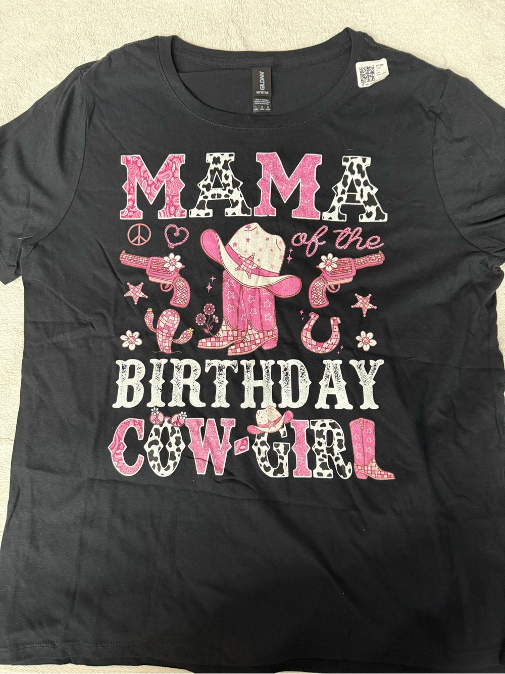 Gildan Black Short Sleeve Tee with Pink & White Cowgirl Graphic
